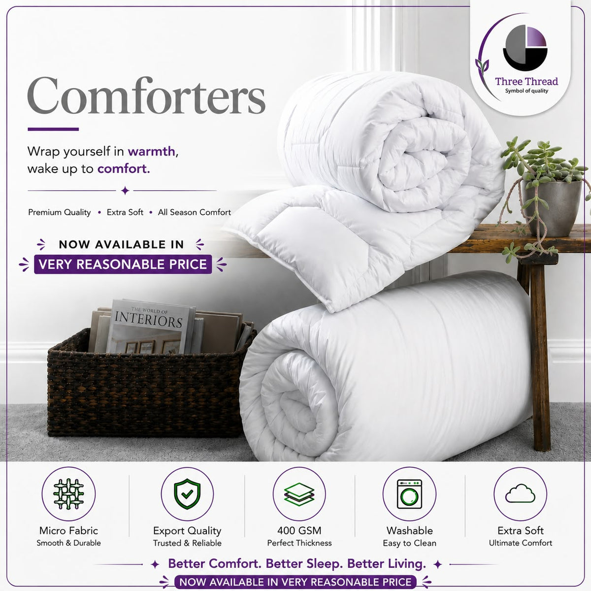 Three Thread Luxury Comforter – 400 GSM, Extra Soft & All-Season
