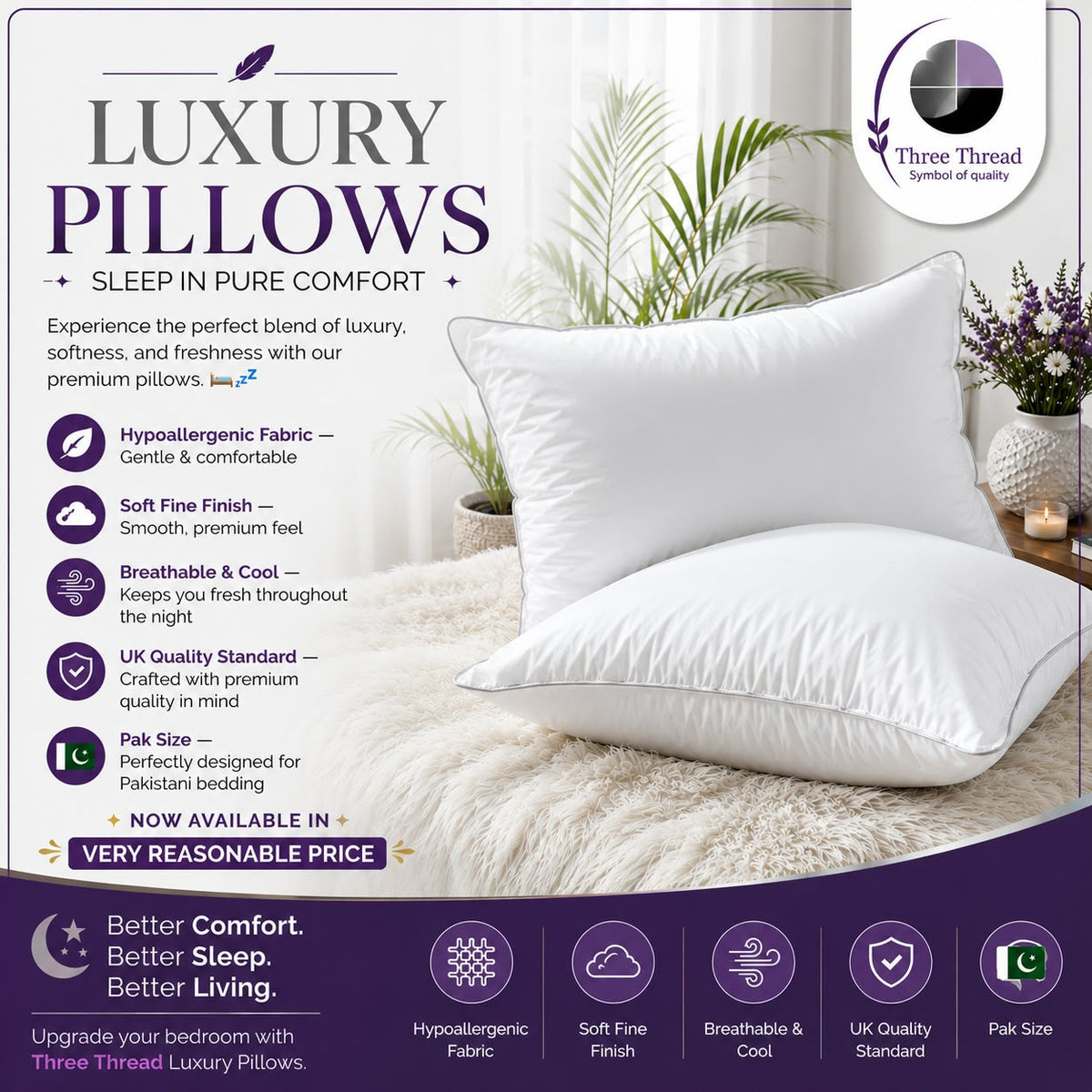 Three Thread Luxury Pillows – Soft, Breathable & Hypoallergenic | Pak Size